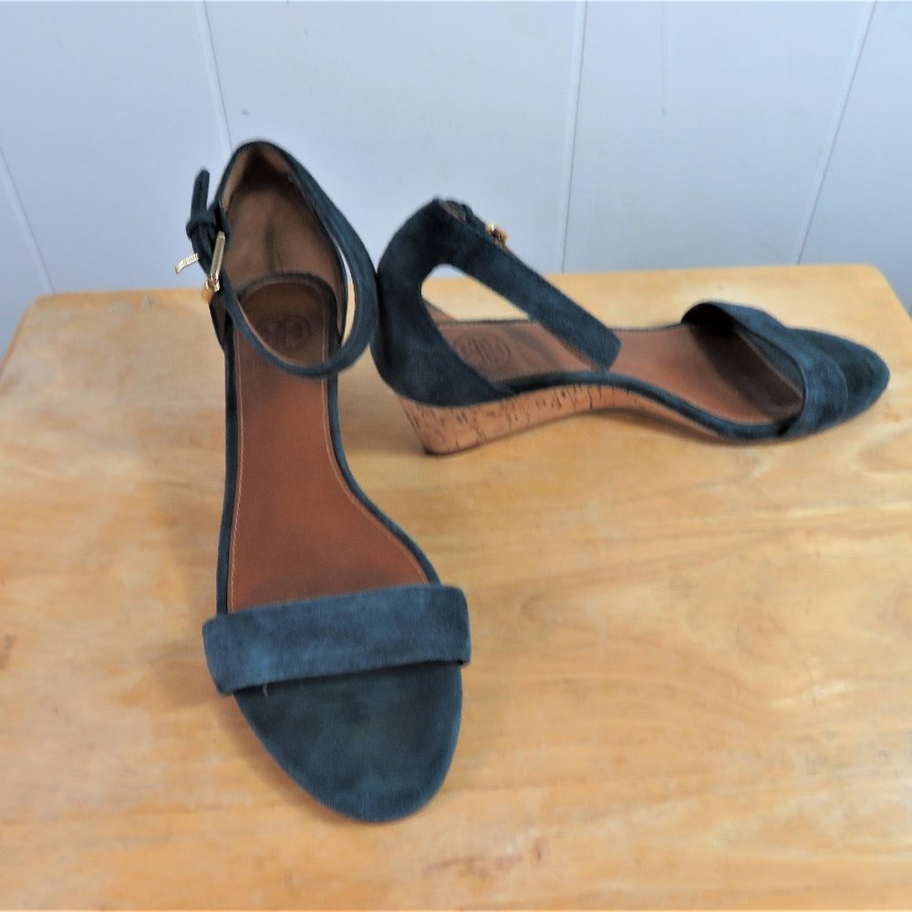 Women's Black Suede Cork Wedge Ankle-Strap Sandals